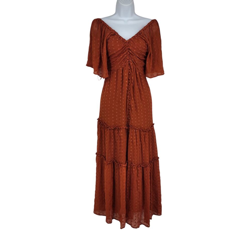 Anthropologie Ruched Ruffle Orange Swiss Dot Cutout Button Maxi Dress Size XS - Picture 1 of 8